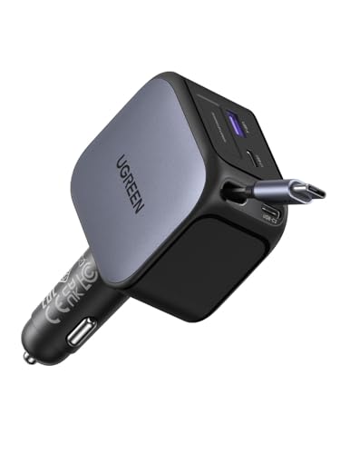 UGREEN 145W 4-Port Retractable Car Charger with 60W Retractable Cable | 3 USB-C 1 USB-A, Compatible with iPhone 17 Air 17 Pro 17 Pro Max 16 15 14 13 12, Galaxy S25 S24 S23 Ultra, iPad, MacBook