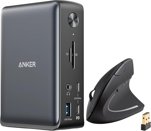 Anker Laptop Docking Station, 13-in-1 USB-C & Anker 2.4G Wireless Vertical Ergonomic Optical Mouse（Bundle）