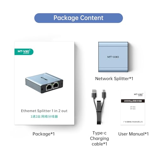 MT-VIKI Ethernet Splitter 1 to 2 High Speed 1000Mbps, Gigabit Dual RJ45 Splitter Adapter for Cat5/5e/6/7/8 Cable [Aluminum Case with Power Cable] - size: 1 to 2