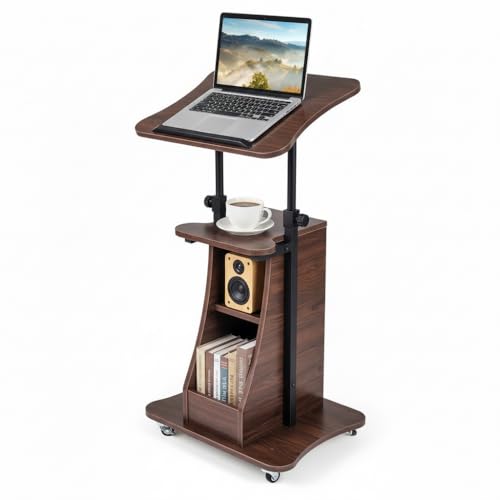 Tangkula Mobile Lectern Podium, Height Adjustable Podium Stand, Sit-to-Stand Desk with Tilting Tabletop & Storage Shelves, Rolling Laptop Cart Desk with Lockable Casters for Home Office School (Brown) - color: Brown, size: 20" x 16" x 44"