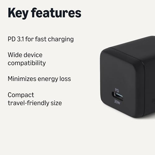 Amazon Basics 20W Fast Charging USB-C Nano GaN Wall Charger, 1-Port PD 3.1, Compact Travel-Friendly, Wide Compatibility for iPhone, Tablets, Phones, Black - color: Black, style: 20 W One Port