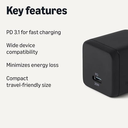 Amazon Basics 20W Fast Charging USB-C Nano GaN Wall Charger, 1-Port PD 3.1, Compact Travel-Friendly, Wide Compatibility for iPhone, Tablets, Phones, Black - color: Black, style: 20 W One Port