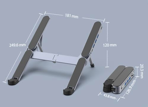 YUATAUY Ultra Compact Laptop Stand with 4 USB Ports, USB Hub for Desk, Foldable Portable for Travel, Library, Home, Office, Cafe, 6-Level Ergonomic Adjustable Aluminum Holder for 10-16" Laptops