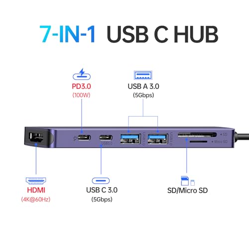 USB C Hub HDMI Adapter for MacBook Pro/Air, 7 in 1 USBC Dongle with HDMI, microSD/SD Card Reader, USB C Data Port,100W PD, and 2 USB 3.0 Compatible for MacBook Pro/Air, Dell XPS, Lenovo Thinkpad. - color: Purple