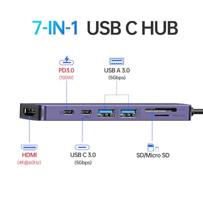 USB C Hub HDMI Adapter for MacBook Pro/Air, 7 in 1 USBC Dongle with HDMI, microSD/SD Card Reader, USB C Data Port,100W PD, and 2 USB 3.0 Compatible for MacBook Pro/Air, Dell XPS, Lenovo Thinkpad. - color: Purple