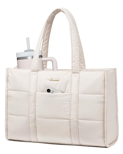 LOVEVOOK Laptop Bag for Women, 17 Inch Puffer Work Tote Bag, Lightweight | Quilted, Large Computer Briefcase, Teacher Nurse, Casual Shoulder Bag for Travel, Daily - color: Beige, size: 17 Inch