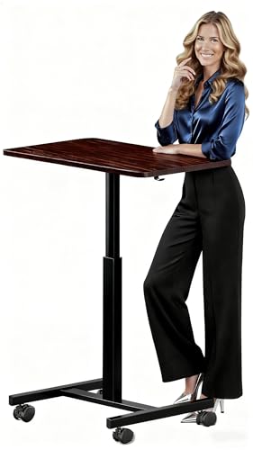 Mobile Small Standing Desk,Gas Spring Adjustable Height Rolling Portable Laptop Desk with Lockable Wheels, Computer Workstation for Home Office, Dark Walnut - color: Dark Walnut