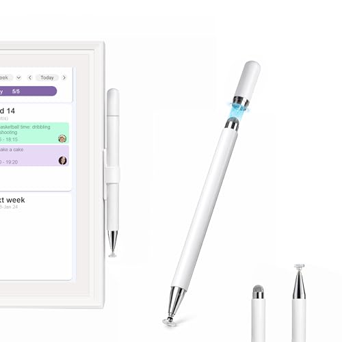 Stylus Pen with Adhesive Holder, Compatible with Skylight Calendar, 2-in-1 Dual Tip (Mesh & Disc) Stylus for Tablet & Smart Digital Calendar, No Charging, Always Attached, White