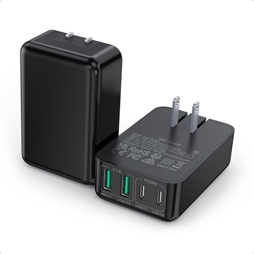 2Pack Flat USB C Charger Block, 40W 4-Port Fast Charger 20W Type C Charging Block 3.1A USB Wall Charger Dual Port PD+QC Charging Cube for iPhone 17 16 15 14 13 Pro Max XS, iPad,Samsung,Tablet（Black） - color: Black