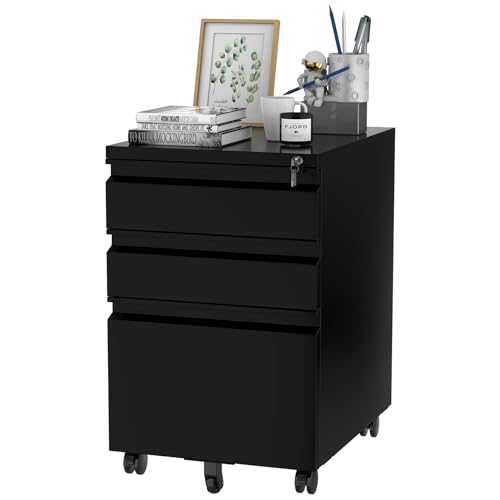 FLEXISPOT 3-Drawer Metal Mobile Filing Cabinet for Home Office - Under Desk Storage with Lock Keys - Legal/Letter/A4 File Organizer - Fully Assembled Except Wheels - Black - color: Black, style: Right Angle