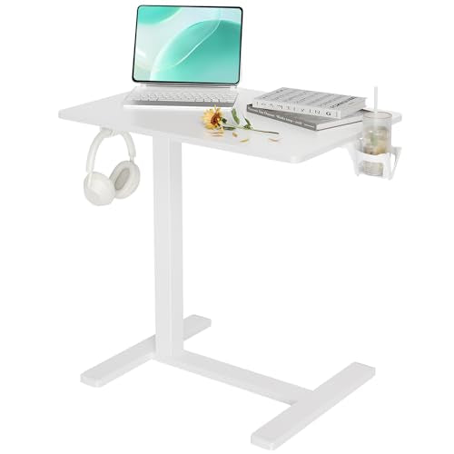 Claiks Mobile Standing Desk with Cup Holder Overbed Table 25.5" White | Cup Holder, Rolling Adjustable Desk, Hidden Wheels, Gas Spring Lift, Side Hook, Easy Assembly, Hospital Use - color: White