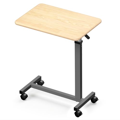 WOTURE Pneumatic Adjustable Overbed Bedside Table with Wheels - Hospital & Home Use, Medical Bed Table, Mobile Standing Desk, Rolling Laptop Cart, Non Tilt Surface(23.6" L x 15.7" W, Maple) - color: Maple
