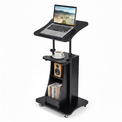 Tangkula Mobile Lectern Podium Set of 2, Height Adjustable Podium Stand, Standing Sit-to-Stand Desk, Rolling Cart Laptop Desk with Swivel Top Movable Wheels & Storage - color: Black, size: 20" x 16" x 44"