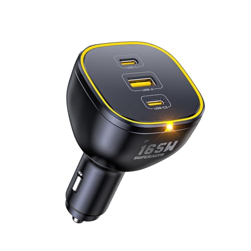 AOHI 165W Laptop Car Charger Adapter 140W PD 3.1/ 100W PD 3.0 USB C Super Fast Charging PPS 45W 3-Ports QC5.0 Car Lighter Charger for MacBook Pro, iPhone 16/15, Galaxy S24 Ultra, iPad, Black