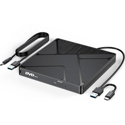 DVD Burner for Laptop, External USB 3.0 & USB C CD/DVD Drive Player Reader | with Power Supply for HP Lenovo Laptop MacBook Pro/Air/Neo mini PC, Win7/8/9/10 macOS Linux