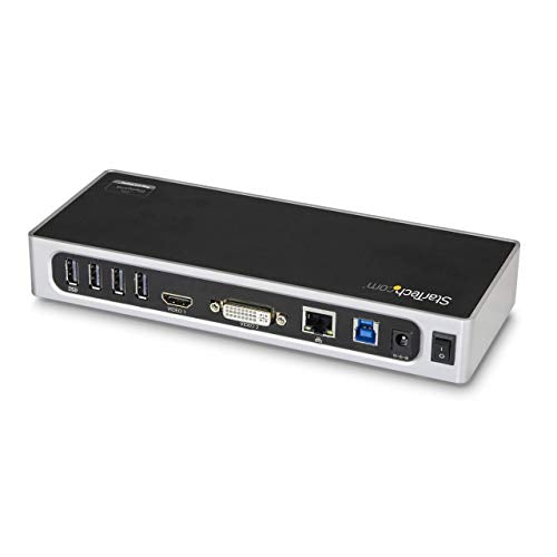 StarTech USB-A Dual Monitor Dock, HDMI & DVI/VGA, 6-Port USB, GbE, Audio | Windows and Mac, Mixed fleets, Six 5Gbps USB-A ports, Two BC 1.2 always-on fast-charge, 1m (3.3ft) host cable - size: Dual Monitor, style: HDMI | DVI/ VGA | 6 x USB 3.1