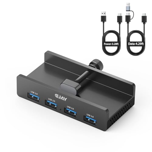 EJAY Clamp USB 3.0 Hub for Desk & Monitor, 4-Port 5Gbps High-Speed Under Desk USB Hub with 59in Extra Long Data Cable, Aluminum Multi Port Splitter for PC, Mac, Laptop, Black - color: Black