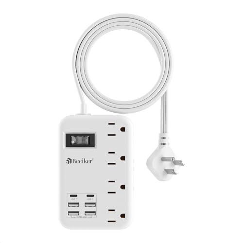Beeiker 6 USB (2 USB C) Travel Power Strip,3 Feet,4 Outlets,Flat Plug | 6 USB,4.8A 24W USB Charging Station,Extension Cord 3 Ft,Portable for Travel Cruise Office College Dorm,Short Extension Cord - size: 24W USB-3 ft