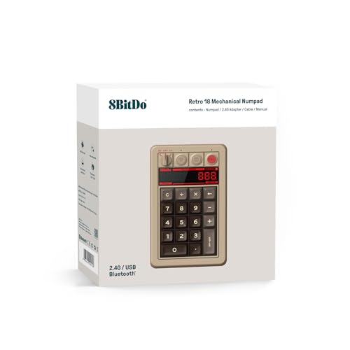 8Bitdo Retro 18 Mechanical Numpad for Windows & Android, C64 Edition | Bluetooth, 2.4G and Wired, Calculator Mode, Retro LED Display, Kailh Box White Switches V2 - color: C64 Edition