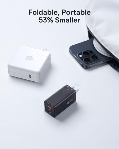 Baseus 65W USB C Wall Charger, 3 Ports Foldable GaN Charger, Fast Charger Block for iPhone 15/14/13/Pro Max/SE/XR/XS, Galaxy S22+/S22, MacBook Pro/Air, iPad, Laptops, Pixel, Steam Deck - color: 65W