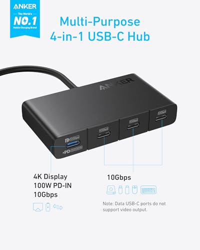 Anker USB-C Hub, 4-in-1 USB-C Adapter, USB-C Splitter for 4K Display | 85W Max PD, 4K USB-C Display Port, 4 10Gbps USB-C Data Ports, Compact for MacBook Pro, iPad, Surface Pro, Dell and More