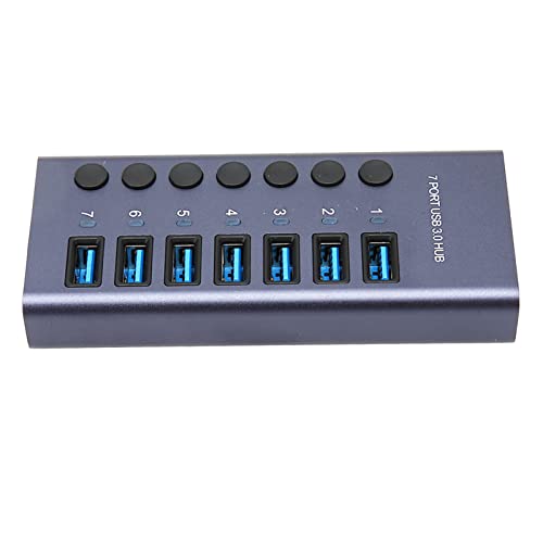 USB 3.0 Hub 7 Ports 5Gbps Fast Transfer Docking Station 5V 2.4A 36W USB 3.0 Splitter with Blue LED Indicator for PC Phone 100-240V (US Plug)