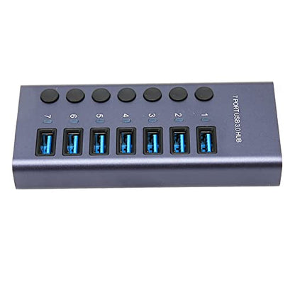 USB 3.0 Hub 7 Ports 5Gbps Fast Transfer Docking Station 5V 2.4A 36W USB 3.0 Splitter with Blue LED Indicator for PC Phone 100-240V (US Plug)