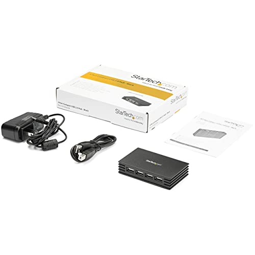 StarTech 4-Port USB 2.0 Hub, Bus or Externally Powered, TAA (ST4202USB) | Compact black, 480Mbps, USB Powered or included power adapter, Portable Mac PC laptop, USB 1.1 backward compatible