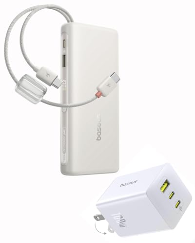 Baseus Portable Charger with Built in Cable, 100W Laptop Power Bank 20000mAh Bundle with 100W USB C Charger Block, 3-Port Foldable Compact PPS Wall Charger