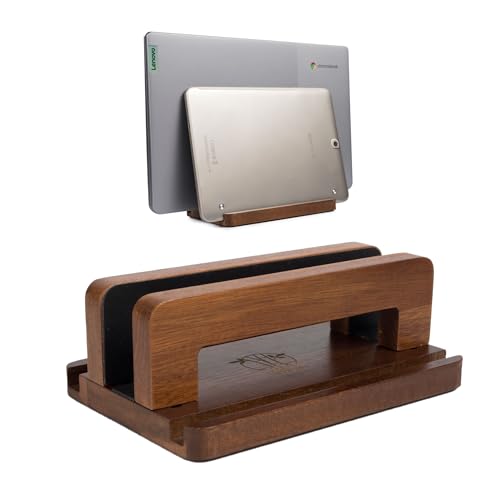 S&A WOODCRAFT 3 Slots Acacia Wood Vertical Laptop Stand, Adjustable Wooden Laptop Holder, Non-Slip Laptop Dock Compatible with Apple MacBook, Microsoft Surface, Gaming Laptops, IPad, Tablets - color: Brown Acacia, size: 3 Slots