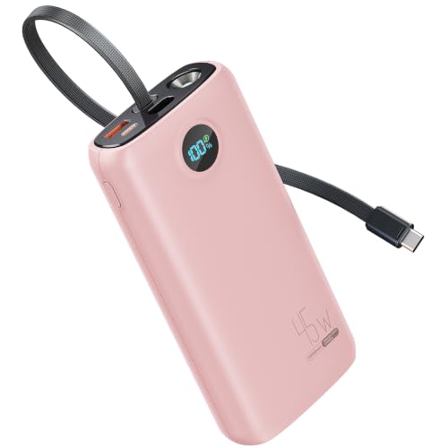 DIAMUAR Portable Charger 20000mAh 45W, Built in USB C Cable, 3W Flashlight | Fast Charging, Digital Display, 3 Ports, All-Day Power, Travel-Ready, for iPhone 17/16/15, Tablet, Laptop, Camping Essentials - color: Pink