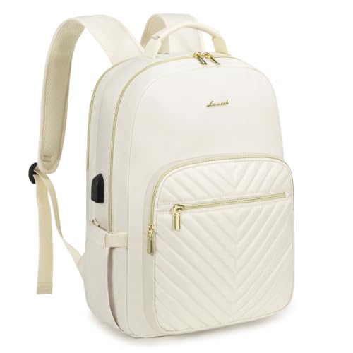 LOVEVOOK Laptop Backpack Purse for Women, Work Travel Computer Bags, College School Backpack for Student Girl, Quilted Casual Daypack with USB Port, Fit 15.6 Inch Laptop, Beige White - color: Beige, size: 15.6-Inch