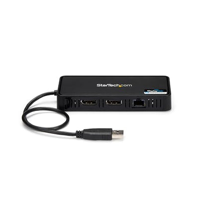 StarTech USB-A DisplayLink Dual 4K 60Hz DP Mini Dock, GbE, TAA (USBA2DPGB) | USB 3.0 mini docking station, DisplayLink, Gigabit Ethernet port, 1ft 30cm cable, Laptop adapter, Portable