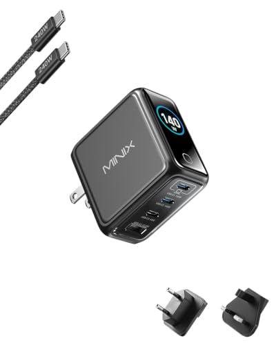 MINIX 140W Max 4-Port GaN Charging Blocks,Smart Display for MacBook Charger | PD 3.1 USB C Travel Power Adapter with 240W Cable, Touch Control for Laptop, iPad, iPhone 17, Galaxy S25/24 (US/EU/UK Plugs)