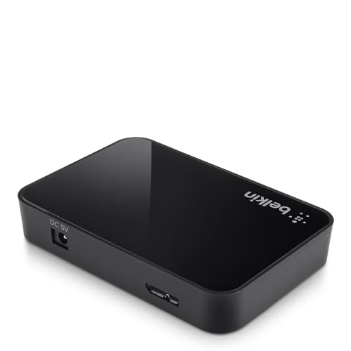 Belkin 4-Port USB 3.0 Hub – SuperSpeed Powered Station with 5 Gbps Data & Charging, Compact Desktop Adapter for Laptops, iPhone Chargers, Printers, Storage Devices – Black