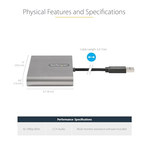 StarTech USB-A 3.0 to Quad HDMI Adapter, 1080p60, Windows, TAA (USB32HD4) | Quad HDMI 1080p 60Hz, Four monitors, Mirrored/Extended Mode, Bus powered, Windows Driver Required, X86/X64/ARM only - style: USB-A