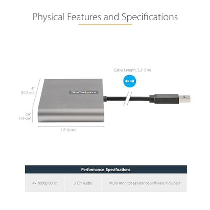 StarTech USB-A 3.0 to Quad HDMI Adapter, 1080p60, Windows, TAA (USB32HD4) | Quad HDMI 1080p 60Hz, Four monitors, Mirrored/Extended Mode, Bus powered, Windows Driver Required, X86/X64/ARM only - style: USB-A