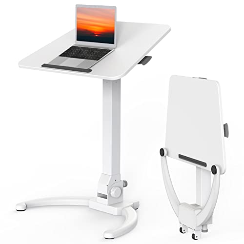 JOY worker Foldable Mobile Standing Desk, Adjustable Portable Desk, White | 90° Tiltable MDF Desktop with Strip, Height Adjustable, Collapsible Low Base with Hidden Wheels, Holds 22lbs, for Home Office - color: White, size: Height Range:29.9-44.9"