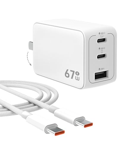67W USB C Charger, GaN PPS 3-Port Fast Compact Foldable USB C Charger Block for MacBook, iPad Pro, Galaxy S24, iPhone 16/15 and More