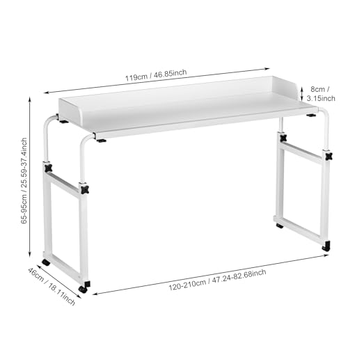 Adjustable Height Overbed Table, Rolling Overbed Bedside Desk with Raised Baffle and Spacious Desktop, Over BedTable with Wheels for Home Office Bedroom Hospital Use (White) - color: White