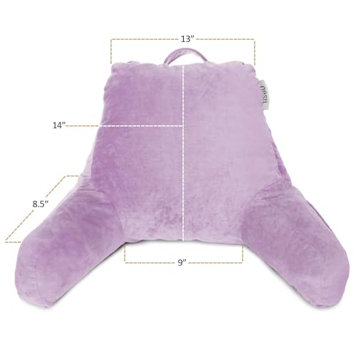 Nestl Reading Pillow with Portable Laptop Lap Desk, Velvet Feel Back Pillow for Sitting in Bed, Shredded Memory Foam Back Support Pillow for Bed, Bed Rest Pillow with Arms, Small - Lavender
