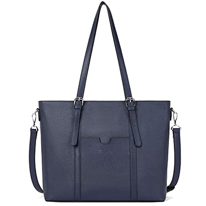BOSTANTEN Genuine Leather Laptop Bag for Women 15.6'' Briefcase Tote Bags | Laptop Compartment, Structured, Professional, Detachable & Adjustable Shoulder Strap, Metal Feet, Work, Office, Business - color: J-cross Pattern Blue