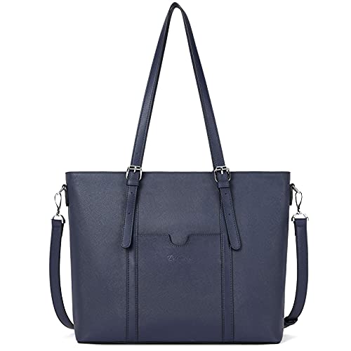 BOSTANTEN Genuine Leather Laptop Bag for Women 15.6'' Briefcase Tote Bags | Laptop Compartment, Structured, Professional, Detachable & Adjustable Shoulder Strap, Metal Feet, Work, Office, Business - color: J-cross Pattern Blue
