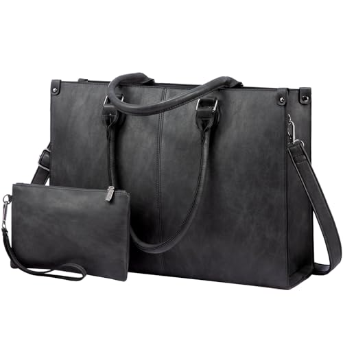 LOVEVOOK Laptop Tote Bag for Women, 15.6 Inch Professional Work Bag with Matching Clutch, Waterproof Vintage Leather Computer Tote for Office, Business Travel & Daily Use, Gift for Women - color: Dark Grey, size: 15.6 inch