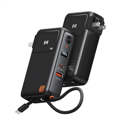 Portable Charger Wall Plug 65W for Laptop, 10000mAh Power Bank Built in Cable, USB-C Phone Battery Pack 35W Fast Charging, Travel Essentials Compatible with iPhone 17 16 15 Samsung iPad MacBook Pro