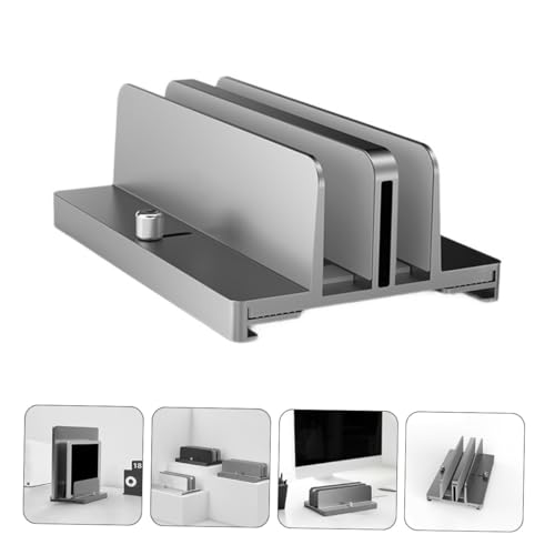Healeved Aluminum Alloy Adjustable Dual-Slot Laptop and Tablet Vertical Stand Holder for Desk, Gray, Compatible with Notebooks and Tablets, Space-Saving Storage Solution for Office and Home