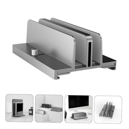 Healeved Aluminum Alloy Adjustable Dual-Slot Laptop and Tablet Vertical Stand Holder for Desk, Gray, Compatible with Notebooks and Tablets, Space-Saving Storage Solution for Office and Home