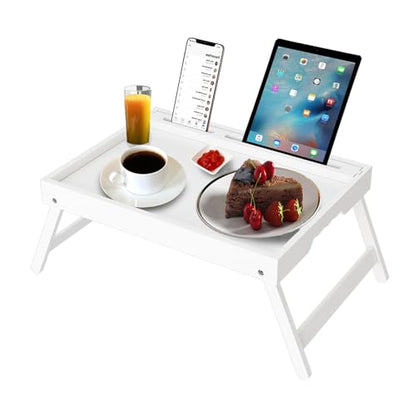 Bed Tray Table with Handles Folding Legs Bamboo Breakfast Food Tray with Media Slot for Platters,Laptop Desk,Snack,TV Tray Kitchen Serving Tray | FSC-certified bamboo bed tray with phone/tablet slot, folding legs, handles and raised edges for meals, lapto