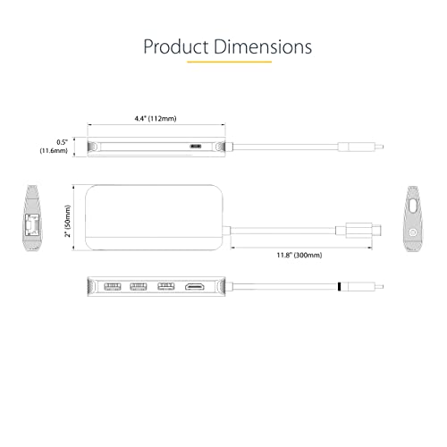 StarTech 6-in-1 USB-C Hub, 4K HDMI HDR10, 3X USB-A 5Gbps, GbE, 100W | USB 5Gbps hub, 100W laptop charging, Cable management, Shared USB-C power and USB 2.0 data, macOS iPadOS Linux ChromeOS - style: 6-IN-1