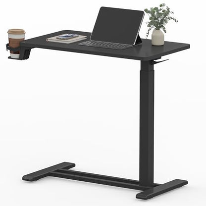 SANODESK 28''Pneumatic Adjustable Overbed Bedside Table with Hidden Casters | Medical Mobile Side End Table Laptop Computer Standing Desk Cart with Tray, Hospital and Home Use(27.6" W x 15.7" D,Black) - color: Black, size: Small